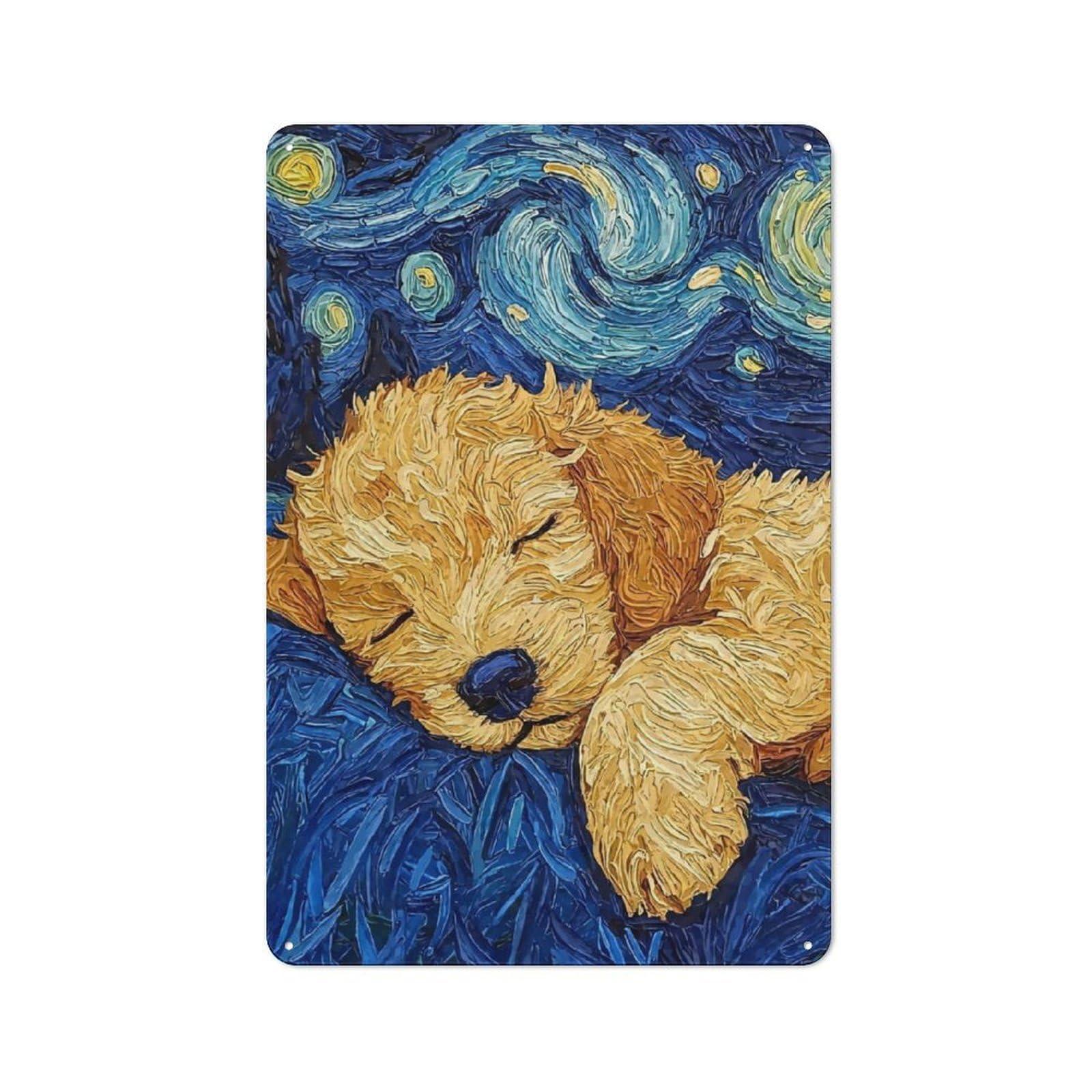 Junmoney Puppys Starry Night Vintage-Inspired Tin Sign 30X20cm For Garage Or Workshop, For Garage, Workshop And Man Cave Decoration