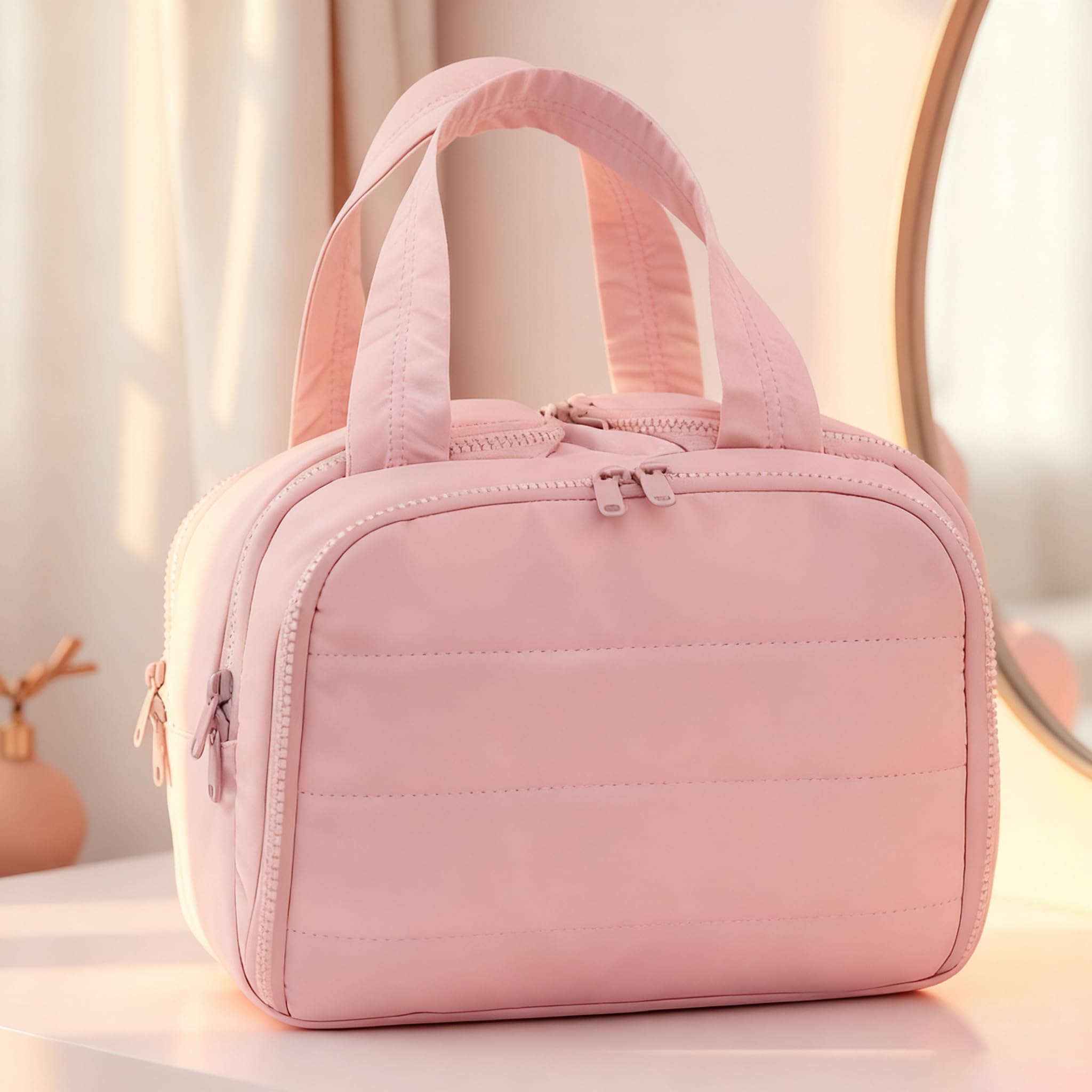 Podróżna kosmetyczka, ultralekka, szeroko otwarta podróżna kosmetyczka dla kobiet, opuchnięta kosmetyczka do dużych pojemników, Rosa, Klasyczny