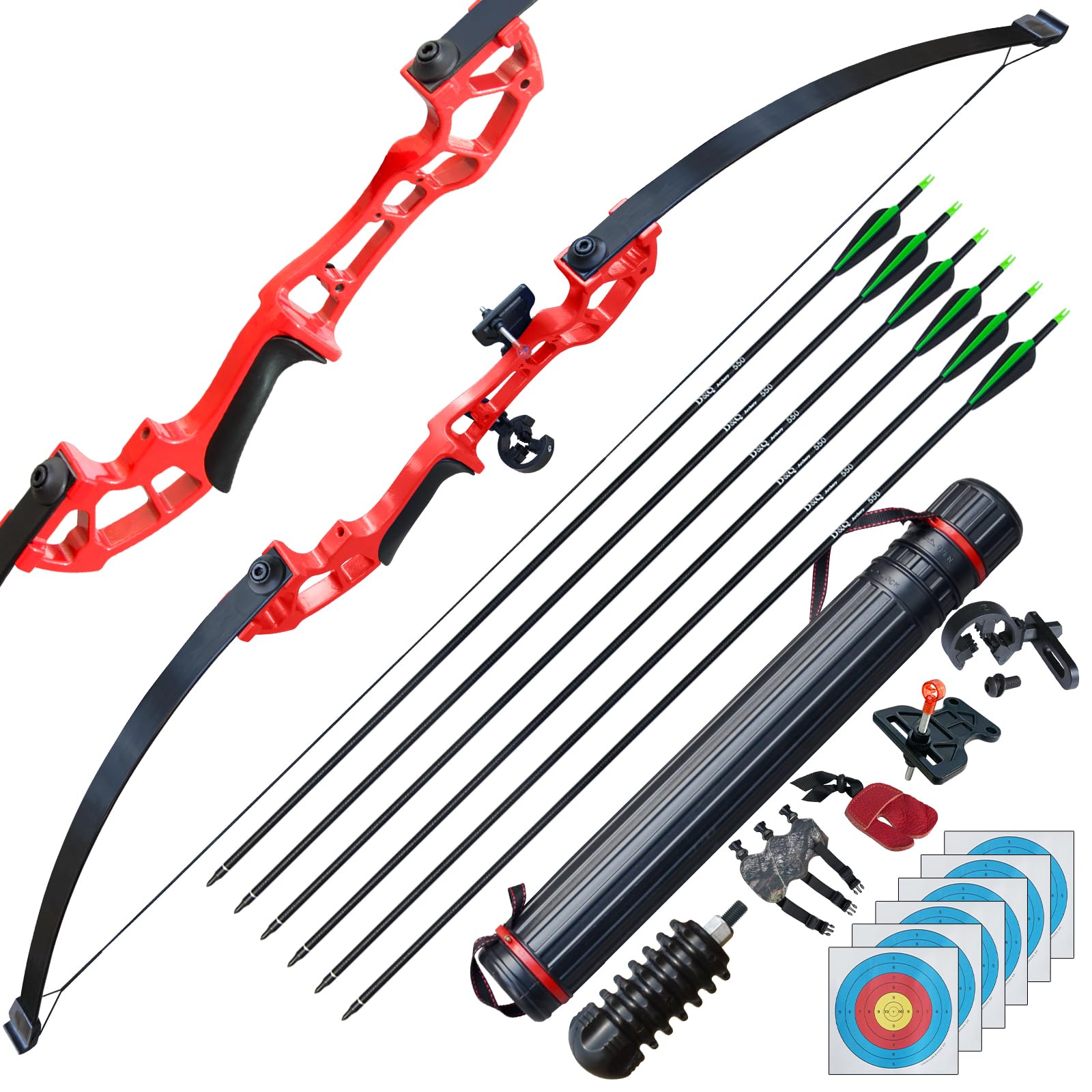 D&Q Archery Set Adult Bow and Arrow Set Adult Takedown Recurve Bow Hunting Bow Target Practice Competition Survival Longbow Right Hand 50" 30lbs, 40lbs with 6pcs Fiberglass Arrows (Red,40lb)
