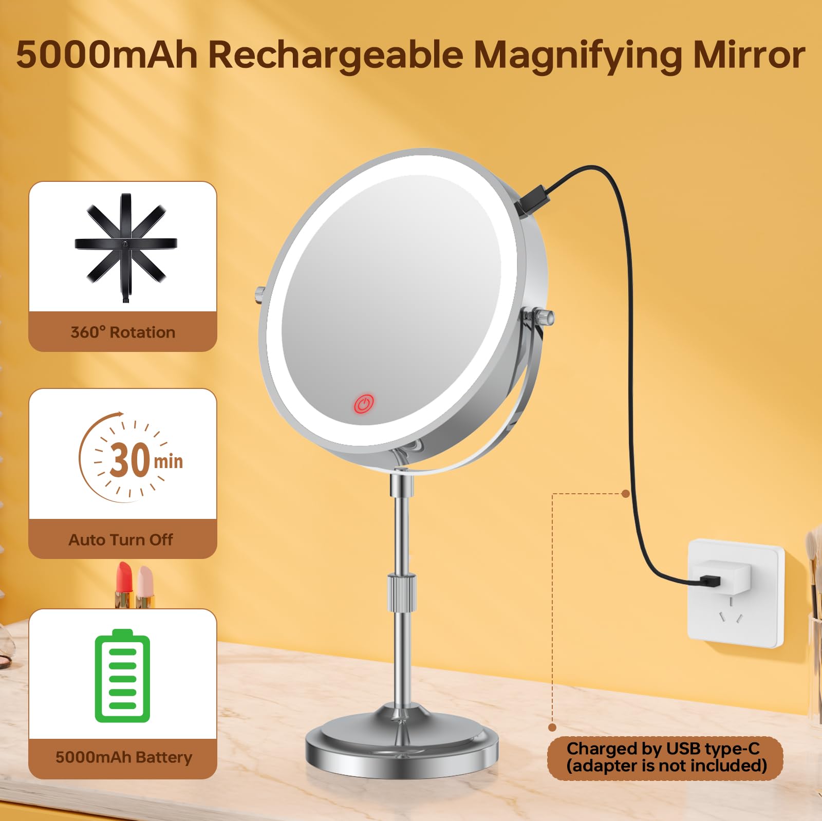 Espejo de aumento de 9 pulgadas con luces 20X, espejo de maquillaje iluminado ajustable con aumento, batería recargable de 5000 mAh, regulable, 3 colores de iluminación, cromado