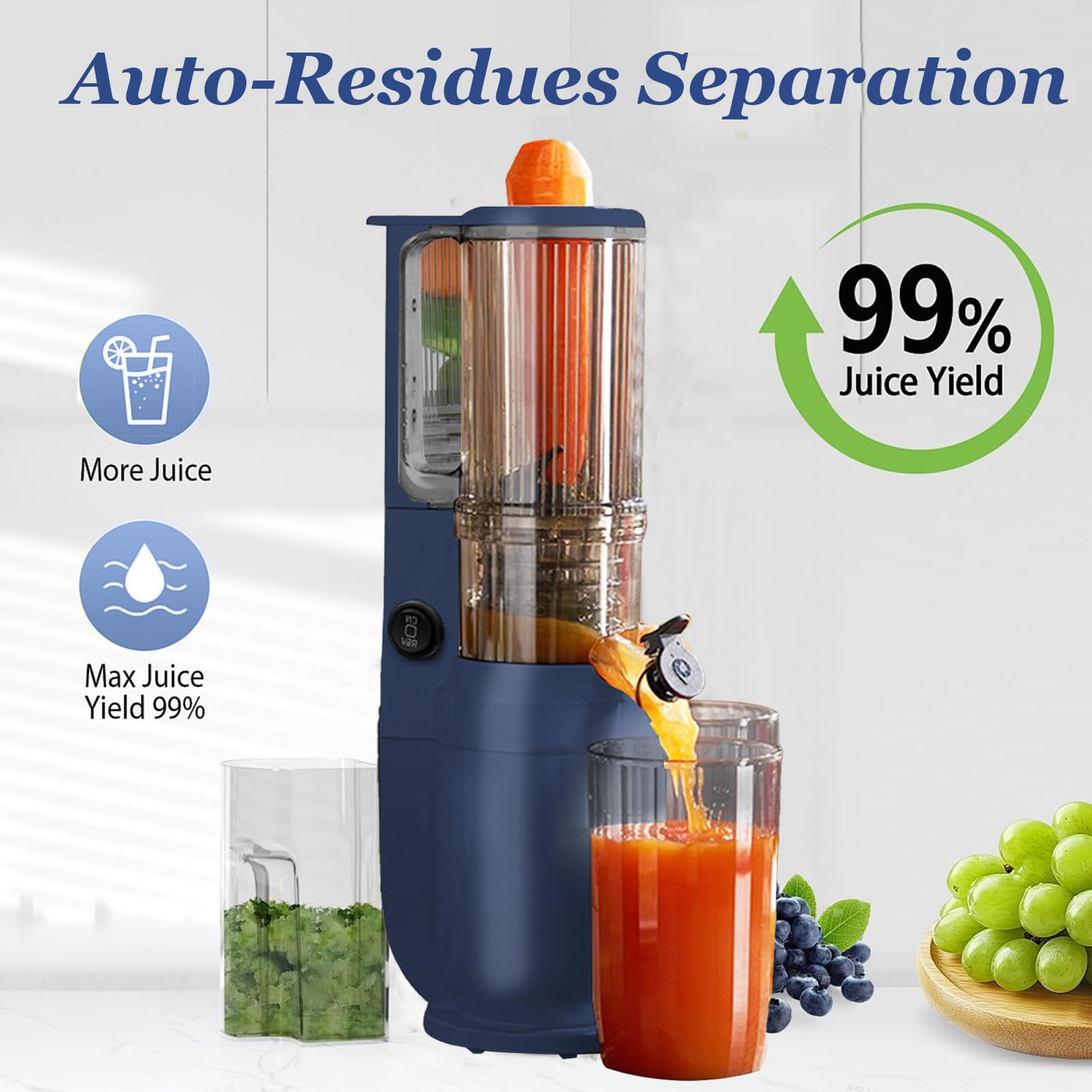 Slow Juicer mit 82 mm Breitem Einfüllschacht,Gemüse Saftpresse Elektrisch,Limettenpresse,Obst Entsafter 550ML Füllvolumen,250 W Kaltpress-Entsafter mit 2 Saftglas Leicht zu Reinigen
