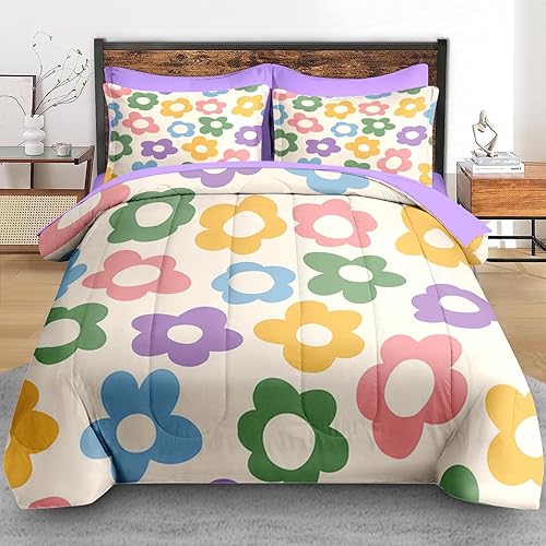 Miniatura 3 de Juego de edredón tamaño individual, diseño de flores vintage de los años 70S, ropa de cama de 5 piezas para niños y adultos, juego de sábanas