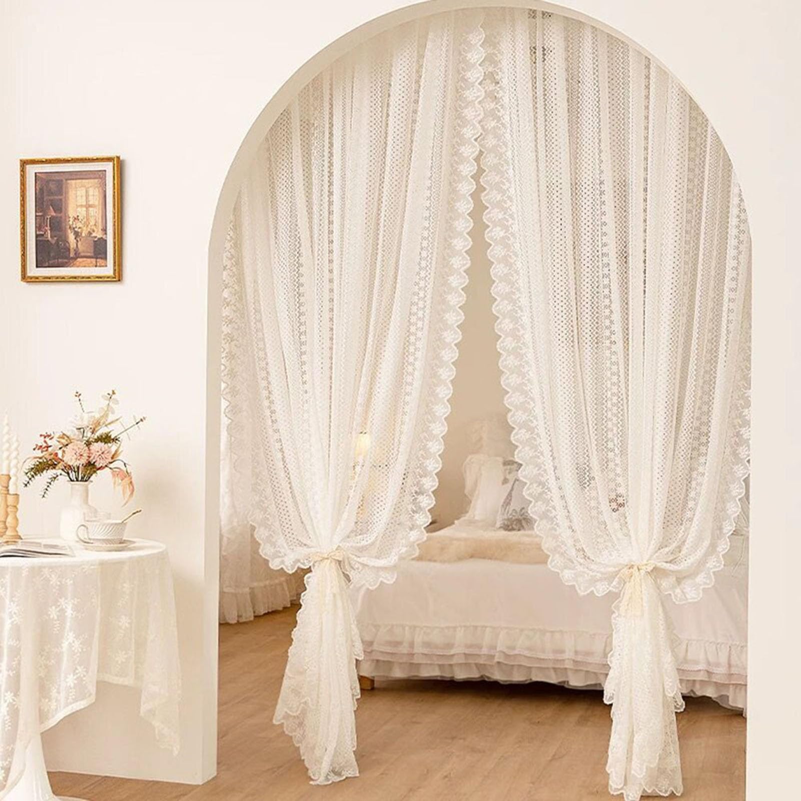 Lot de 2 Rideaux en Dentelle Blanc, Rideau Voilage Romantiques Français Filtrant la Lumière Passe-Tringle Bords Festonnés pour Salon Chambre(WxH160x130cm/63x51inch)