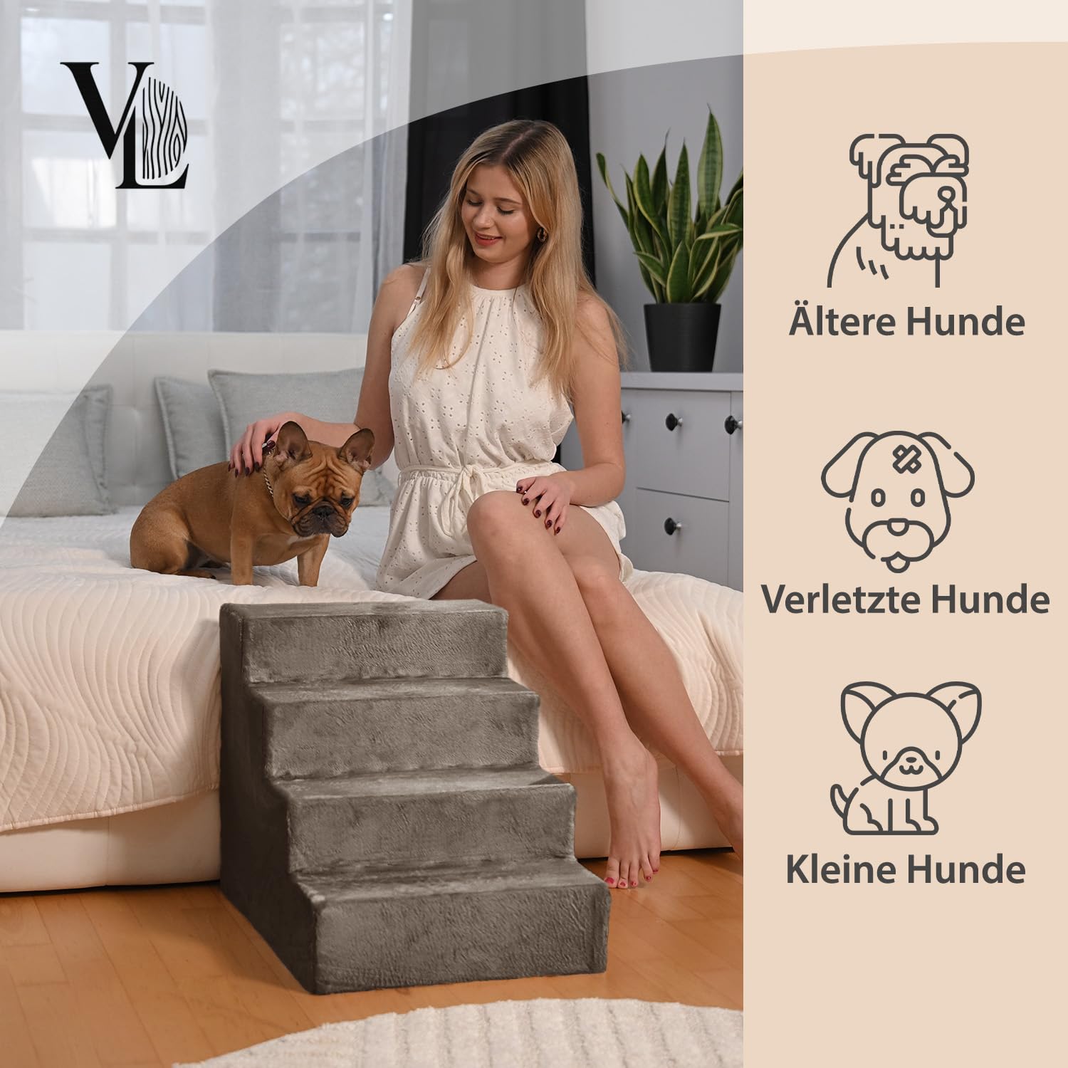 VELORA H&L Hundetreppe 4 Stufen Hellbraun - Stabile Holzkonstruktion mit Veloursbezug, rutschfeste Hundetreppe für Sofa und Bett, Haustiertreppe für Hunde und Katzen, Belastbar bis 80 kg