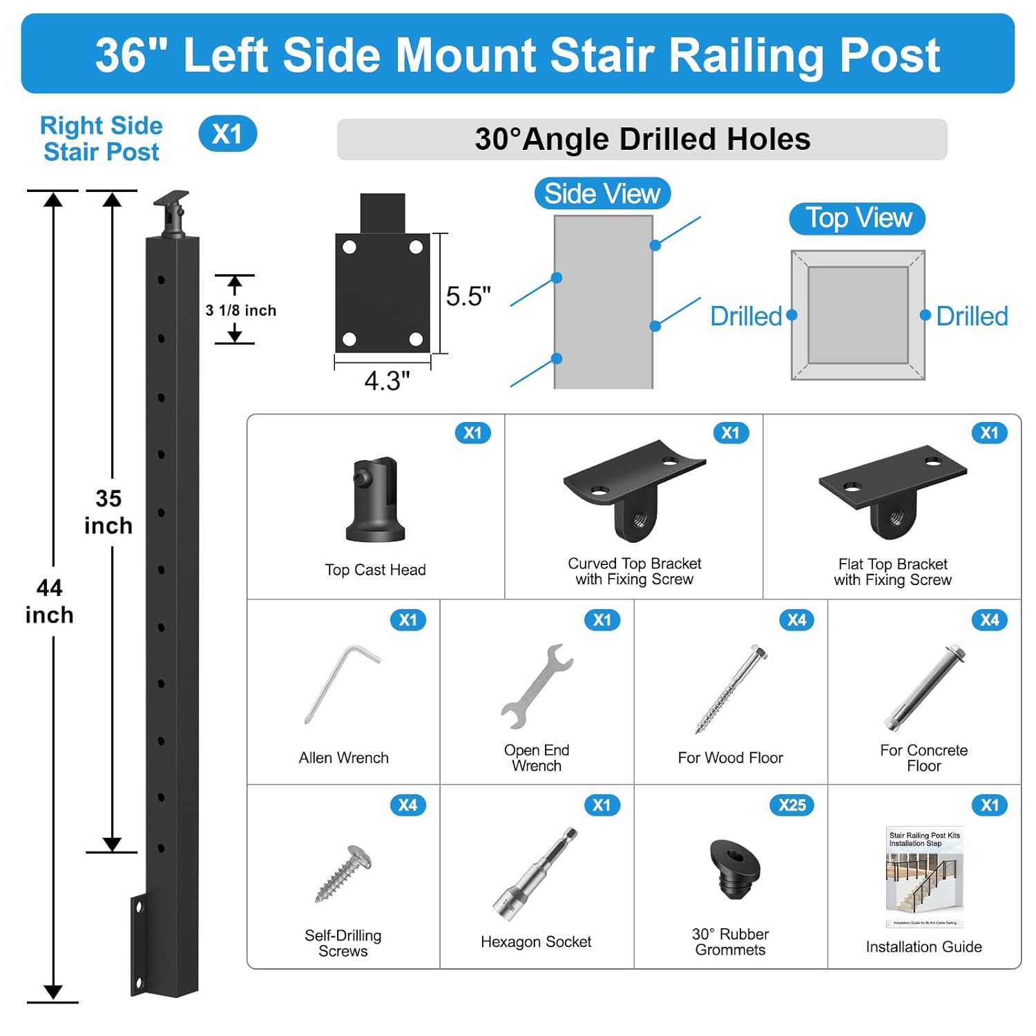 36" Side Mount Stair Railing Post, Stainless Steel Right Side 25~35° Stair Post w/Cable Grommets, Space-Saving Fascia Mount Deck Stair Railing System, 1/8" Black Cable Railing Kit, RG73