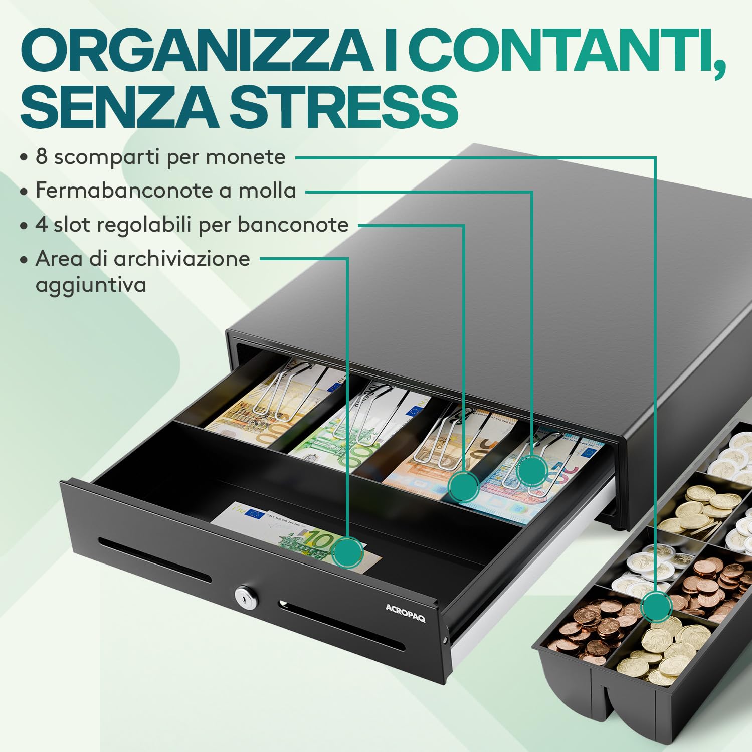 ACROPAQ Cassetto cassa - Compatibile con registratore cassa RJ11, 4 scomparti monete e 8 banconote, Cassetto in metallo con inserto rimovibile, Robusto (42 x 41 x 12 cm) - Cassetto cassa registratore