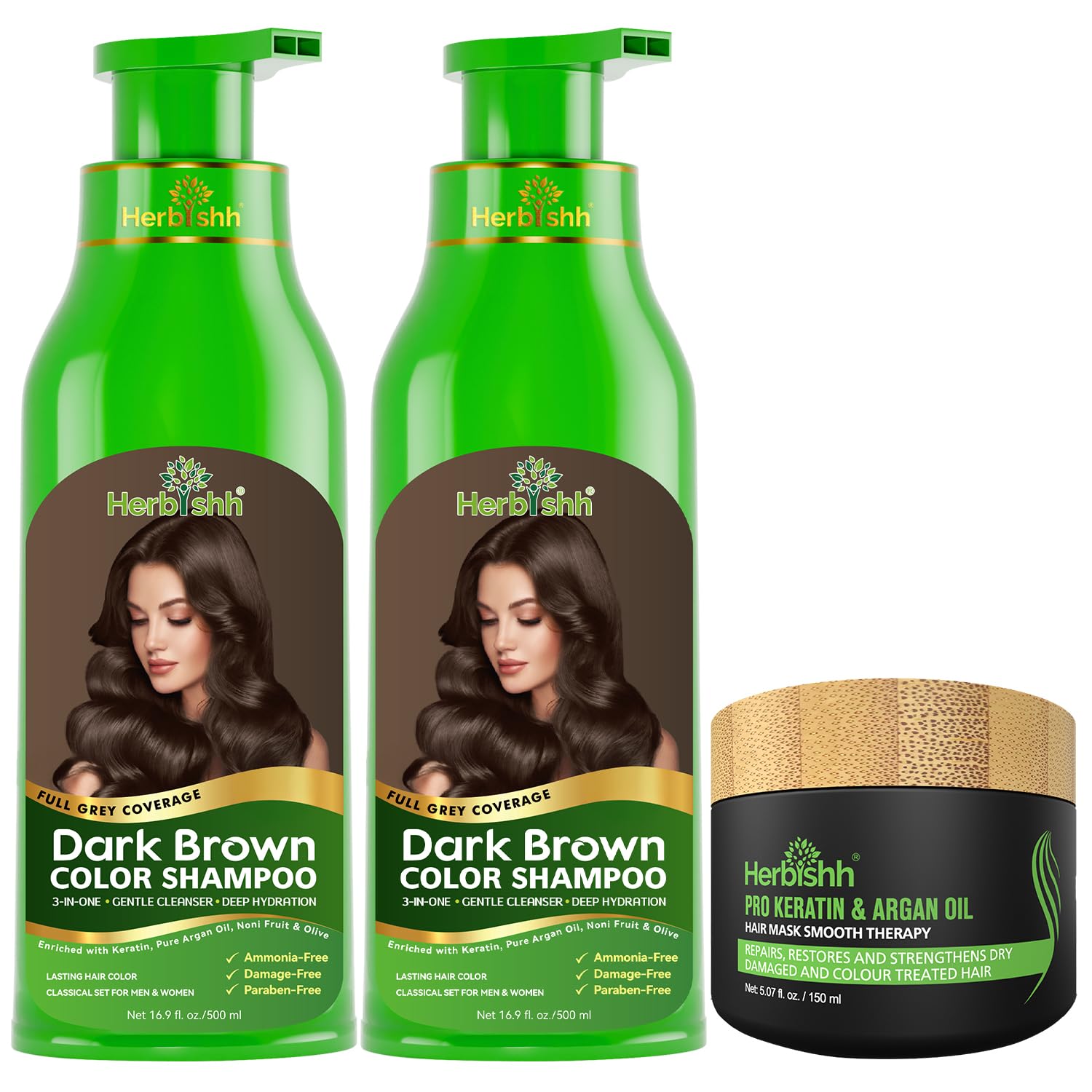 Ammonia-Free Hair Colour Shampoo for Grey Hair, Dark Brown, 500 ml Pack of 2 with Argan Intense Hair Mask 150 g | 3-in-1 Hair Dye Shampoo Colours, Cleanses & Conditions, Long-Lasting Colour