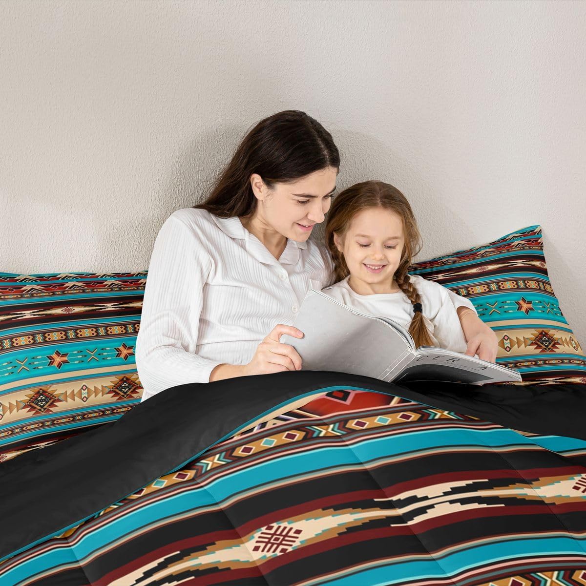 Aztec Bedding Set Ethnic Tribal Arrow Queen Comforter Set,Vintage Southwestern Native Bohemian Quilt,Western Star Duvet Insert Exotic Geometric Diamond Stripes Room Decor,Teal Blue and Brown - Image 7