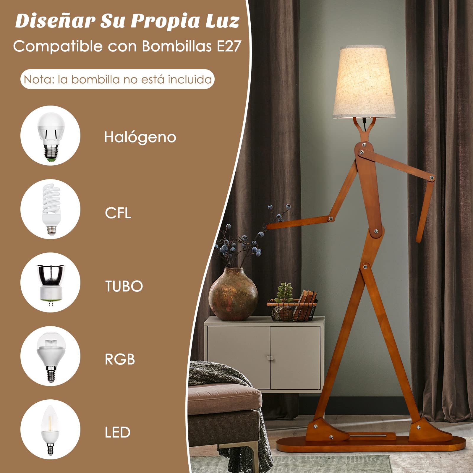 COSTWAY Lámpara de Pie Madera, Forma Creativa humanoide, Articulaciones Ajustables, Lámpara de Salón, Dormitorio, Max.40W