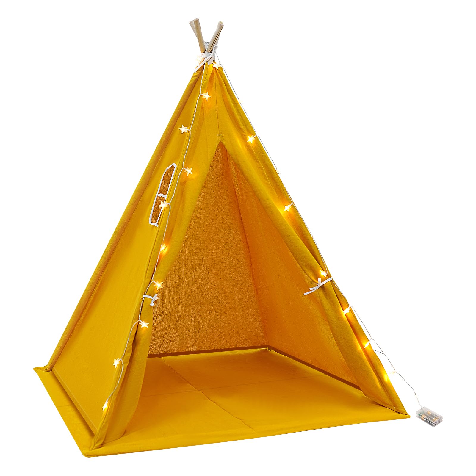 Tipi - Tienda de campaña para niños, color amarillo, con alfombra, guirnalda de luces, 120 x 120 x 140 cm, para niños y niñas