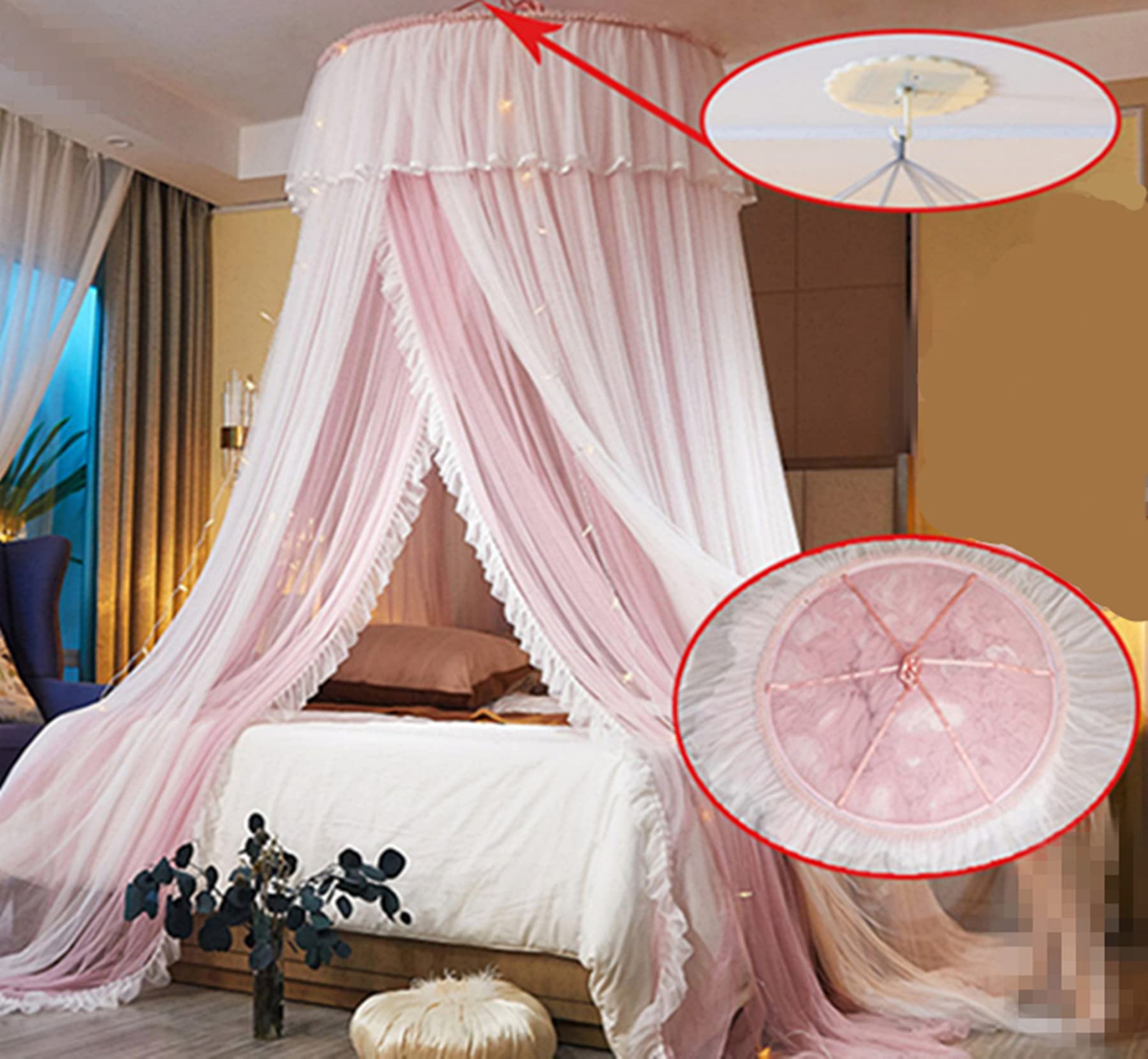 Baldaquin de lit Princesse pour Filles Rideau de baldaquin Double Couche Voile Transparent Dôme Rideau de lit en Dentelle Ronde Moustiquaire deTente pour décoration de Chambre(Rose/Blanc)