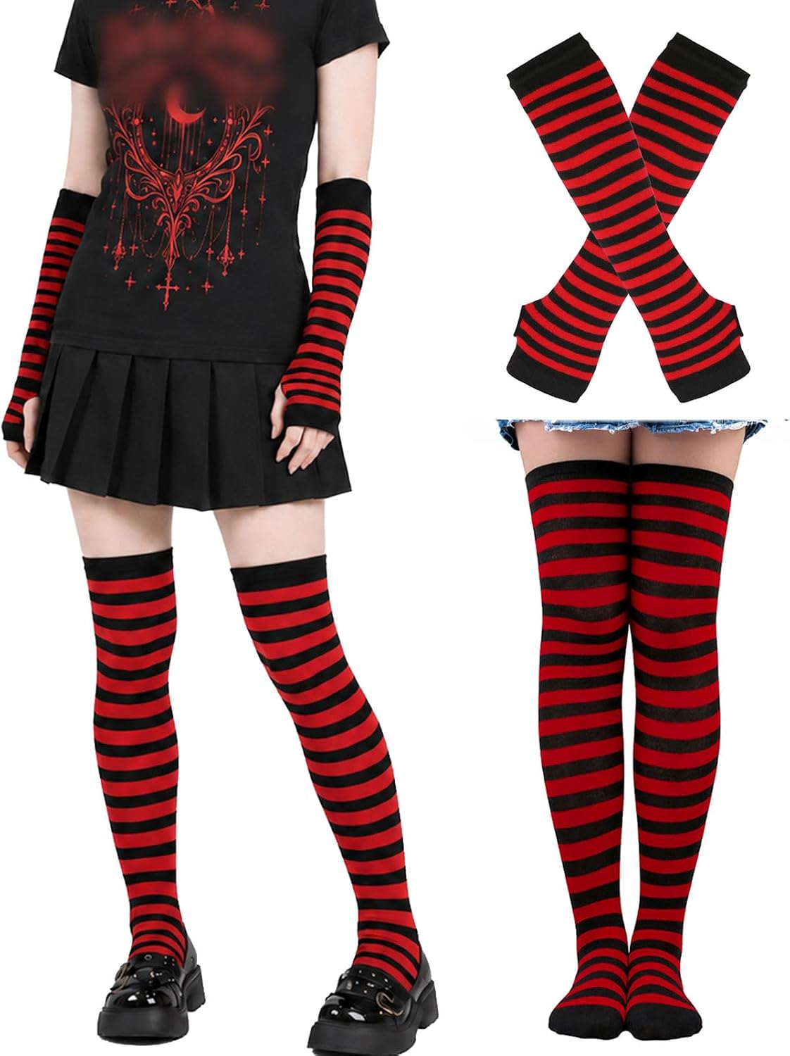Fizzlup Y2K Purple and Black Leg and Arm Warmers Set, Striped High Socks Fingerless Sleeves Scene Accessories for Women