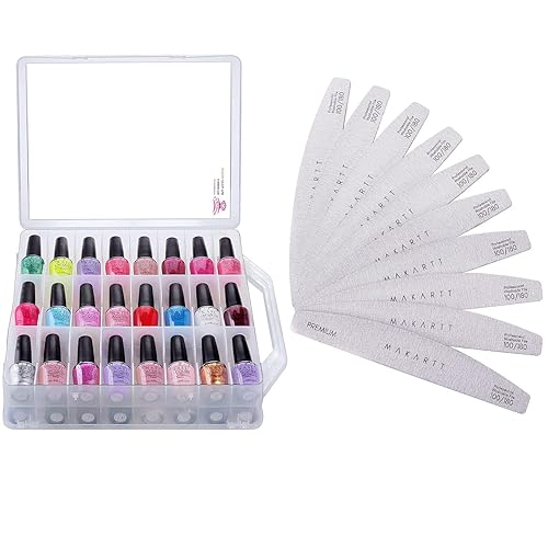 Makartt Lima de uñas de grano 100 180 cebra, paquete de limas de uñas con organizador de esmalte de uñas, soporte universal transparente para 48