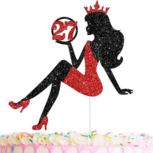 Miniatura 10 de Decoración de pastel con silueta de niña sentada roja y negra con glamour para dama 56 cumpleaños temática reina suministros de decoración de fiesta
