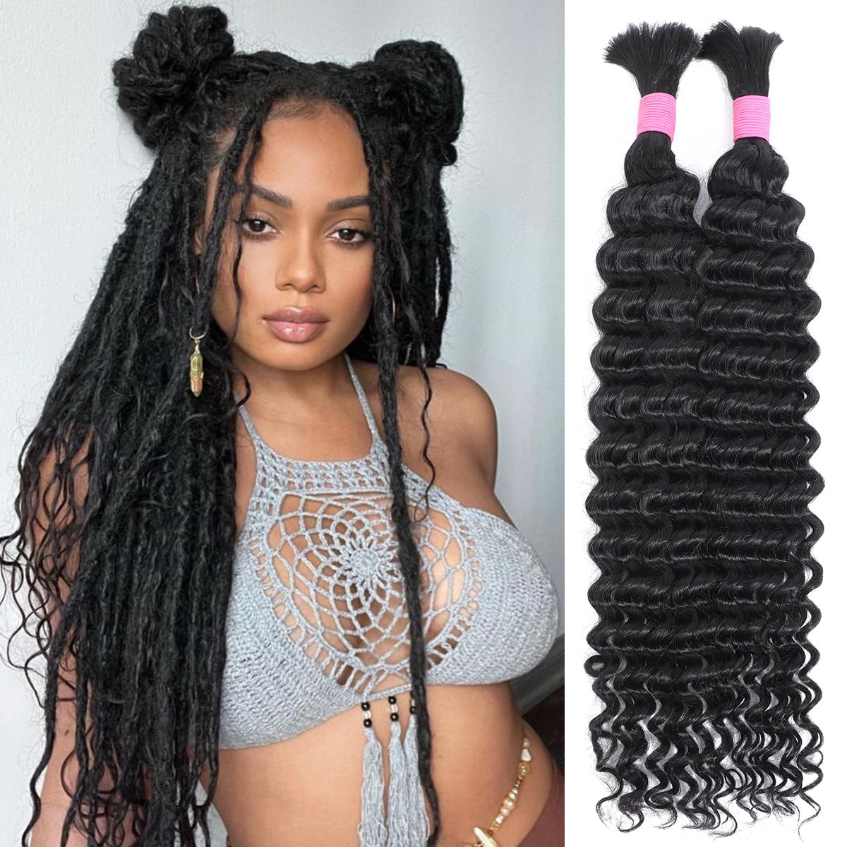 Human Hair Bundles - 16 Inch Deep Wave, Virgin Curly, Knotless Boho Braids (Natural Color)