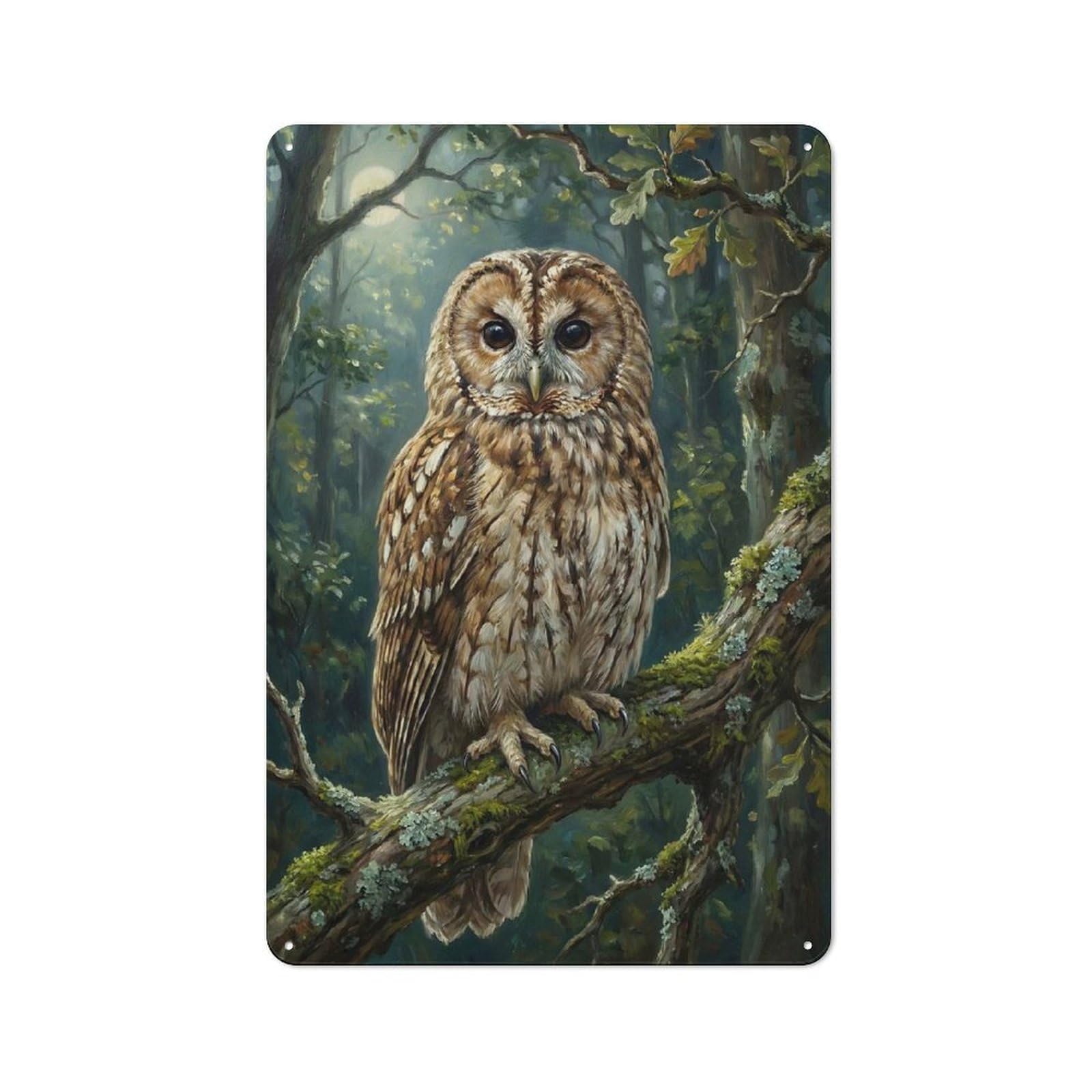 Tin Wall Sign with Owl Perched on Branch in Forest Design 30x20cm, Classic Kitchen Wall Decor for Restaurant, Kitchen, Counter Or Breakfast Nook