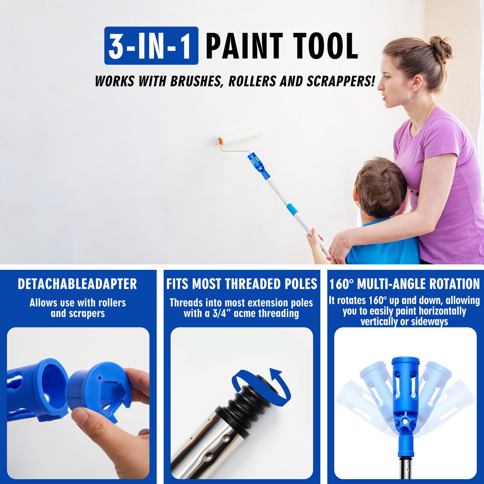 Multi-Angle Paint Brush Extender With Brush – 160° Adjustable – Fits Rollers & Scrapers – For High Walls, Ceilings, Corners – Ladder-Free Painting