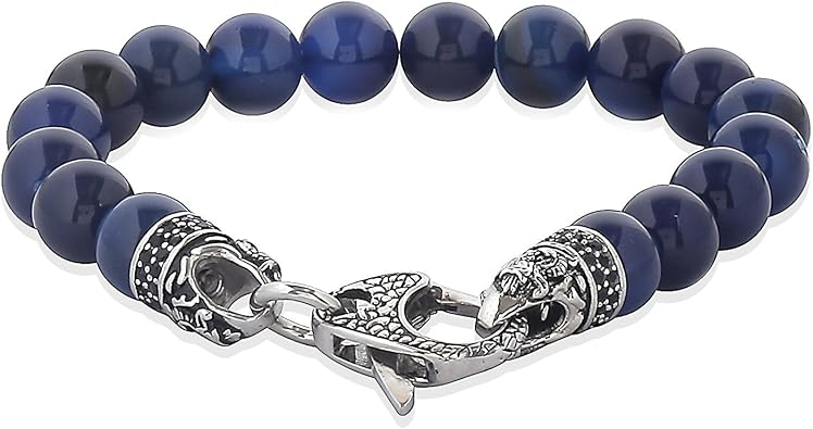 Blackjack Jewelry Mens Genuine Blue Agate Stainless Steel Bead Bracelet Black CZ Skull Lobster Clasp