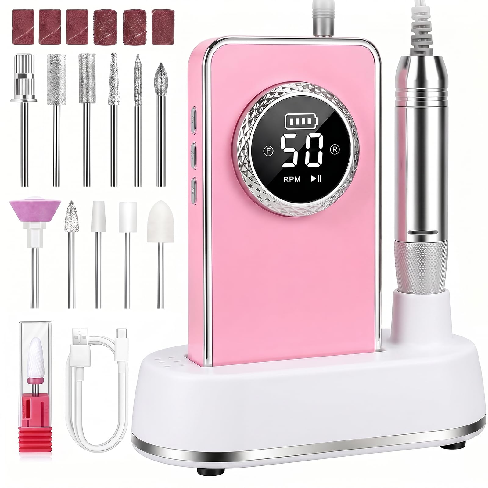 Taladro Eléctrico para Uñas Profesional, 50000 RPM, Kit de Lima Eléctrica Portátil Recargable – Uñas de Gel Acrílico, Cuidado de Pies & Pulido, Taladro para Uñas Inalámbrico para Casa & Salón(Rose)