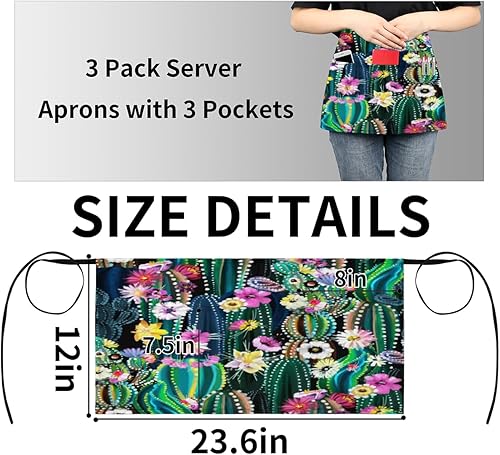 Miniatura 4 de Paquete de 3 delantales con estampado de cactus con 3 bolsillos, impermeables, delantales de media cintura para mujer, para cocinar, lavar platos,