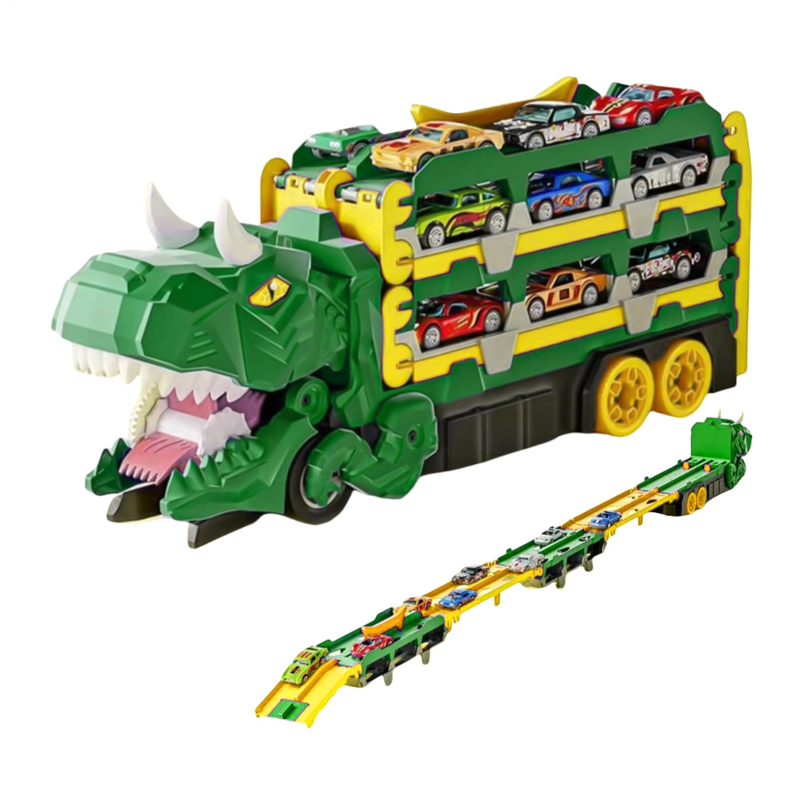 Dinosaur Truck Toy, Dinosaur Transport Truck Składana ciężarówka | Hauler Transform Race Track Pojazdów z 18 samochodami na urodziny