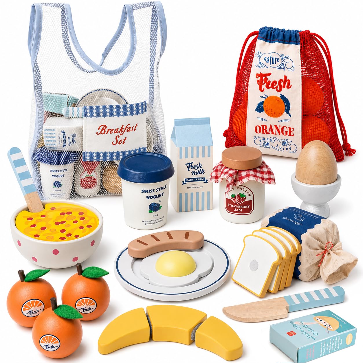 Lehoo Castle Cuisine en Bois Enfant, Jeu d'imitation Jeux Fruits a Decouper, Dinette avec Sac de Rangement, Jouets en Bois Cadeau Enfant Fille Garcon 2 3 4 5 6 Ans (Petit déjeuner)