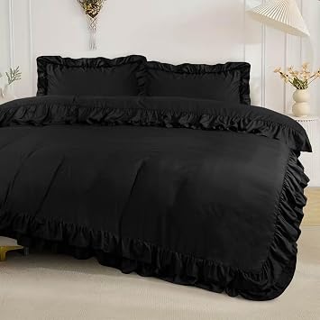 3 Pieces Ruffle Bedding Set with 2 Pillowcase Frills Duvet Cover with Button Closure Soft Microfiber Duvet Cover Set (Black, Single)