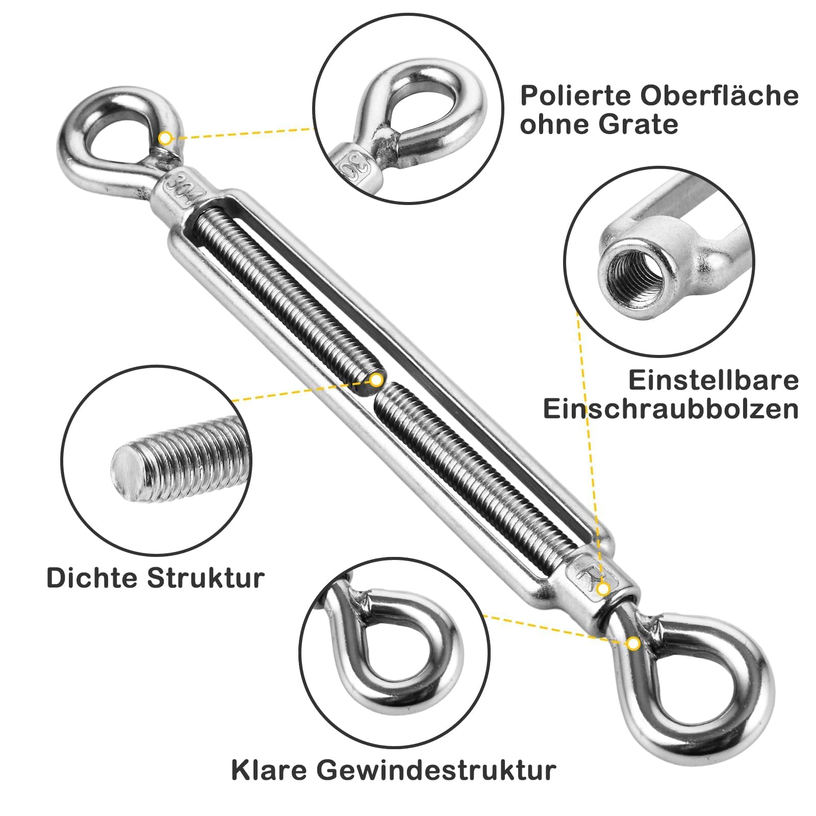 6 tenditori M10, in acciaio inox, tendicavo per funi metalliche, con occhiello regolabile, ganci per tendicinghi, tenditori per tende da sole, sistema di funi, tenditori per recinzioni
