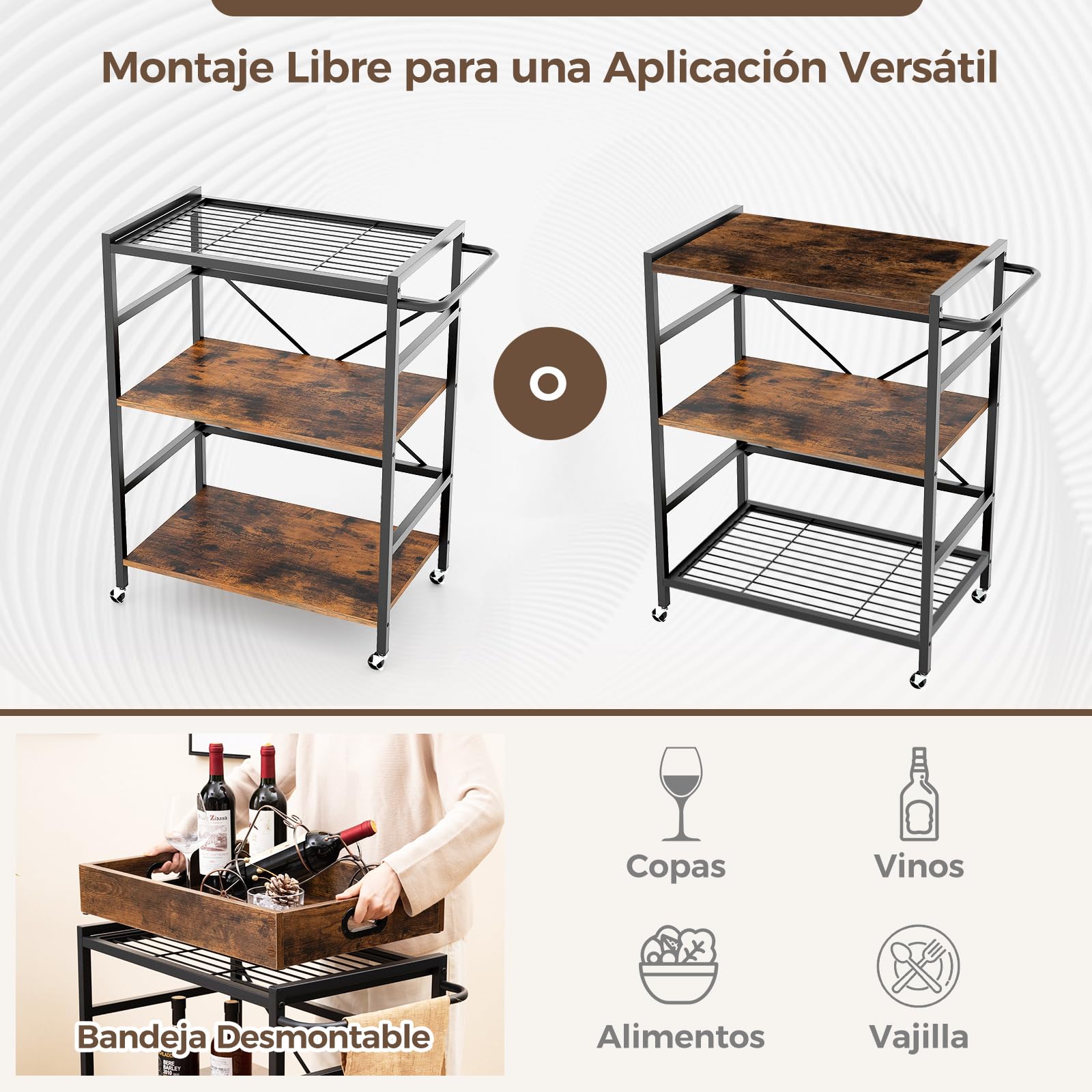 COSTWAY Carrito de Servicio de 3 Niveles, Carrito Móvil Industrial con Bandeja Desmontable, 4 Ruedas Bloqueables y 1 Asa Práctica, Barandillas Protectoras, Carrito Cocina para Bares, Restaurantes