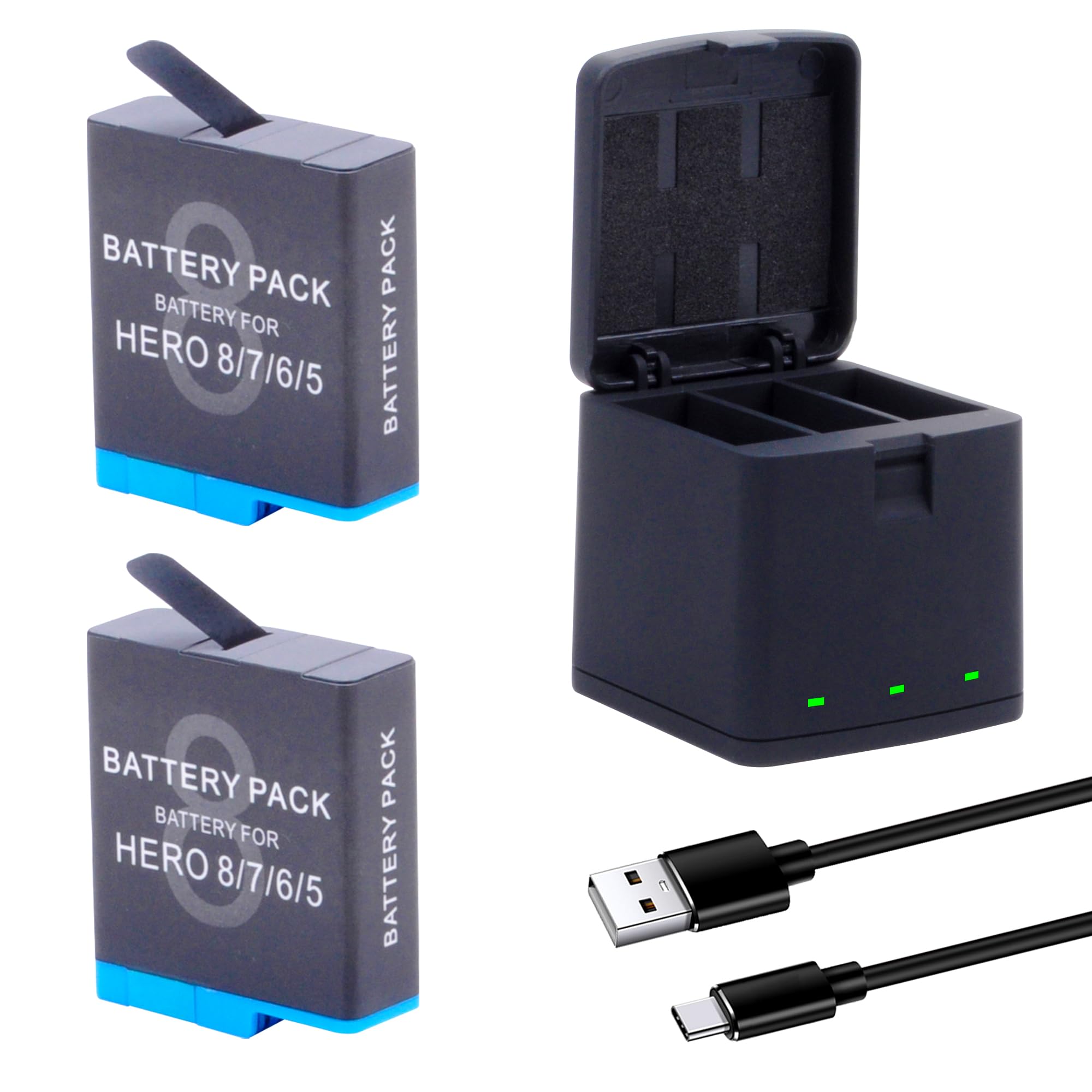 2-Pack Battery Compatible for GoPro Hero 2018 Hero 8 Hero 7 Hero 6 Hero 5 Black Official with USB Storage 3-Channel USB and Type-C Fast Charger, for Hero 8/7/6/5 Upgrade Battery 3.85V 1500mah