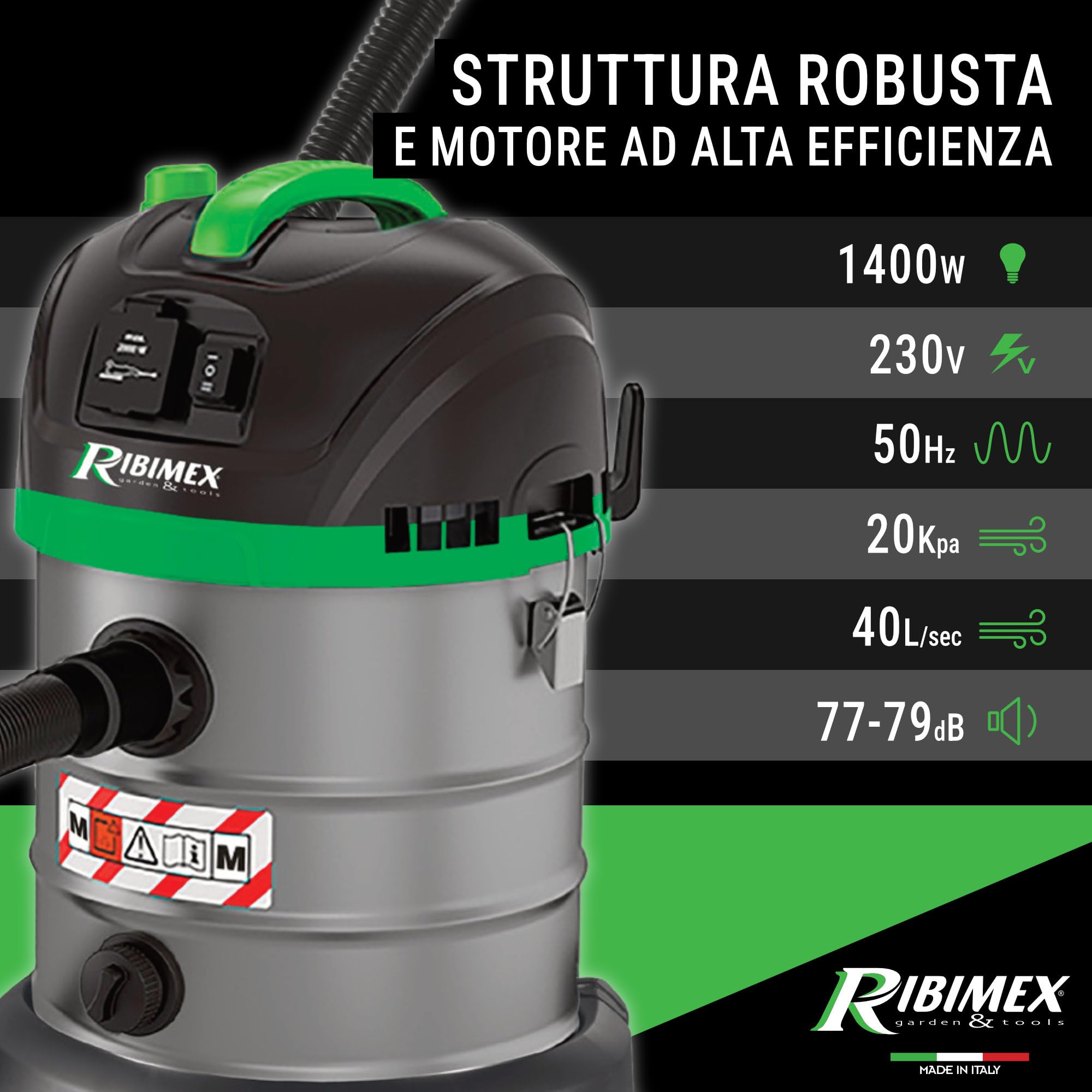 Ribimex Aspiratore Solidi e Liquidi Aspirix Serie Pro Classe M, Bidone Aspiratutto Professionale 20 L, 1400 W, Presa Elettroutensili e Funzione Soffiante, Accessori Inclusi - PRASP20M