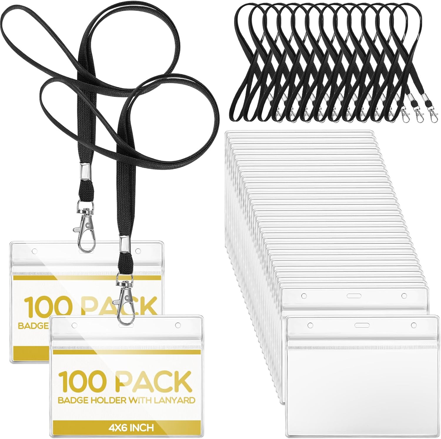 Patelai 100 Sets 6 x 4 Inch Badge Holder with Lanyard Horizontal Name Tag Lanyard with ID Holder Waterproof Clear Name Badge for Office Workers Volunteers (Black) Black 100