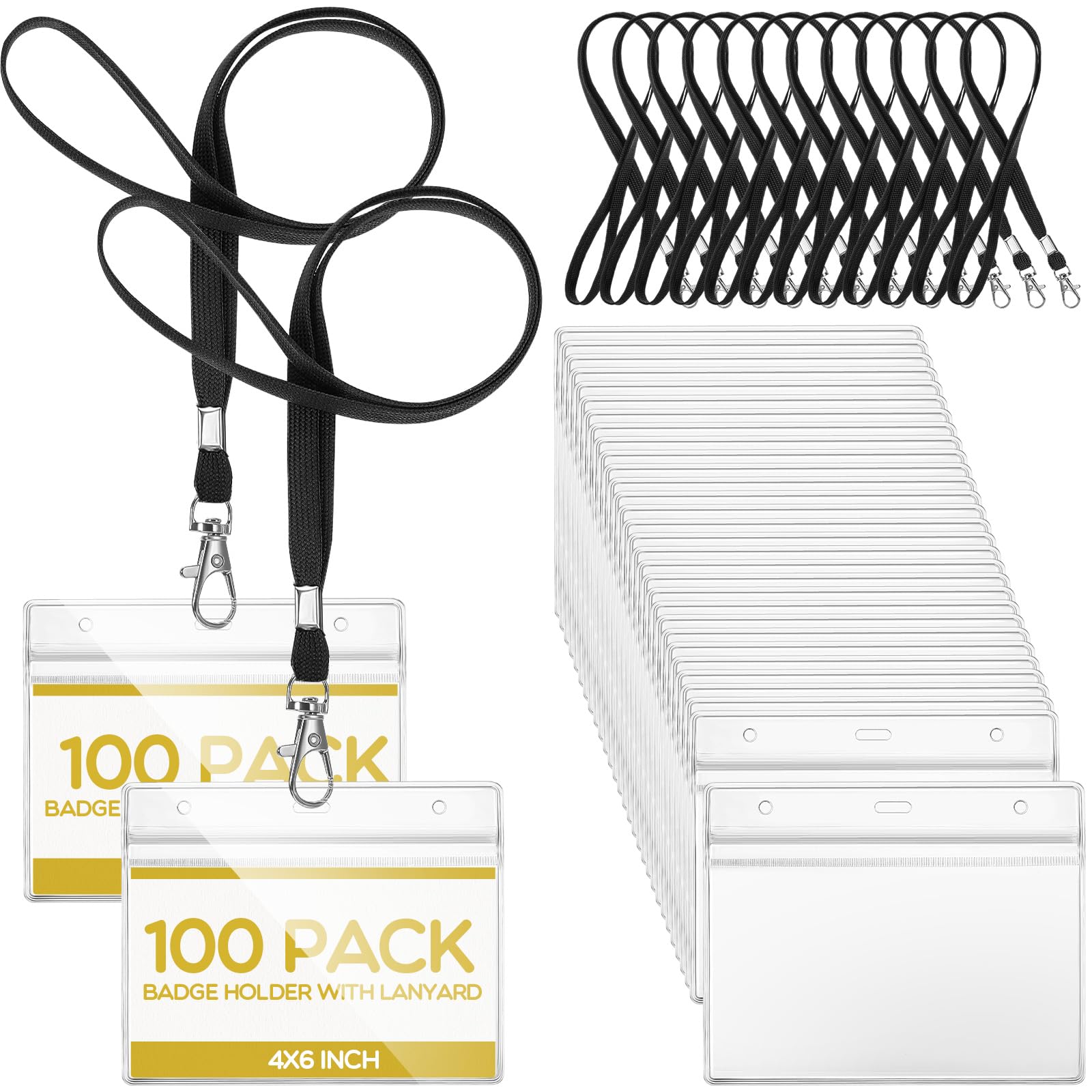 Patelai 100 Sets 6 x 4 Inch Badge Holder with Lanyard Horizontal Name Tag Lanyard with ID Holder Waterproof Clear Name Badge for Office Workers