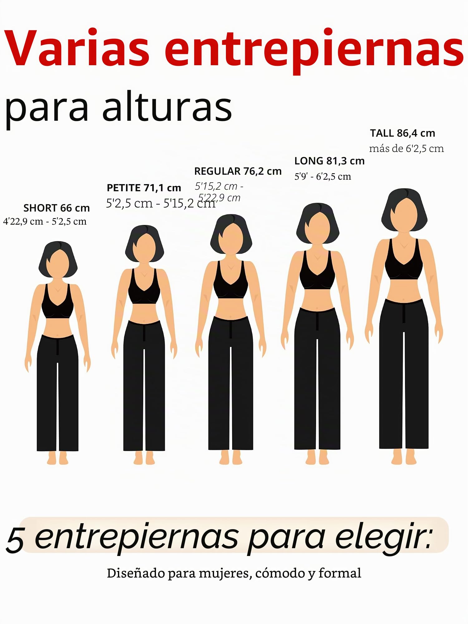 Tapata Mujer 71cm/76cm/81cm/86cm Pantalones Pierna Recta Elásticos con Bolsillos, Pequeño/Regular/Alto para Oficina Negocios Casual