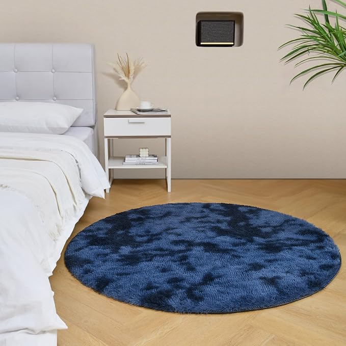Amazon.com: duduta Navy Blue Fluffy Round Rug 4x4 ft, Tie-Dyed Shag ...