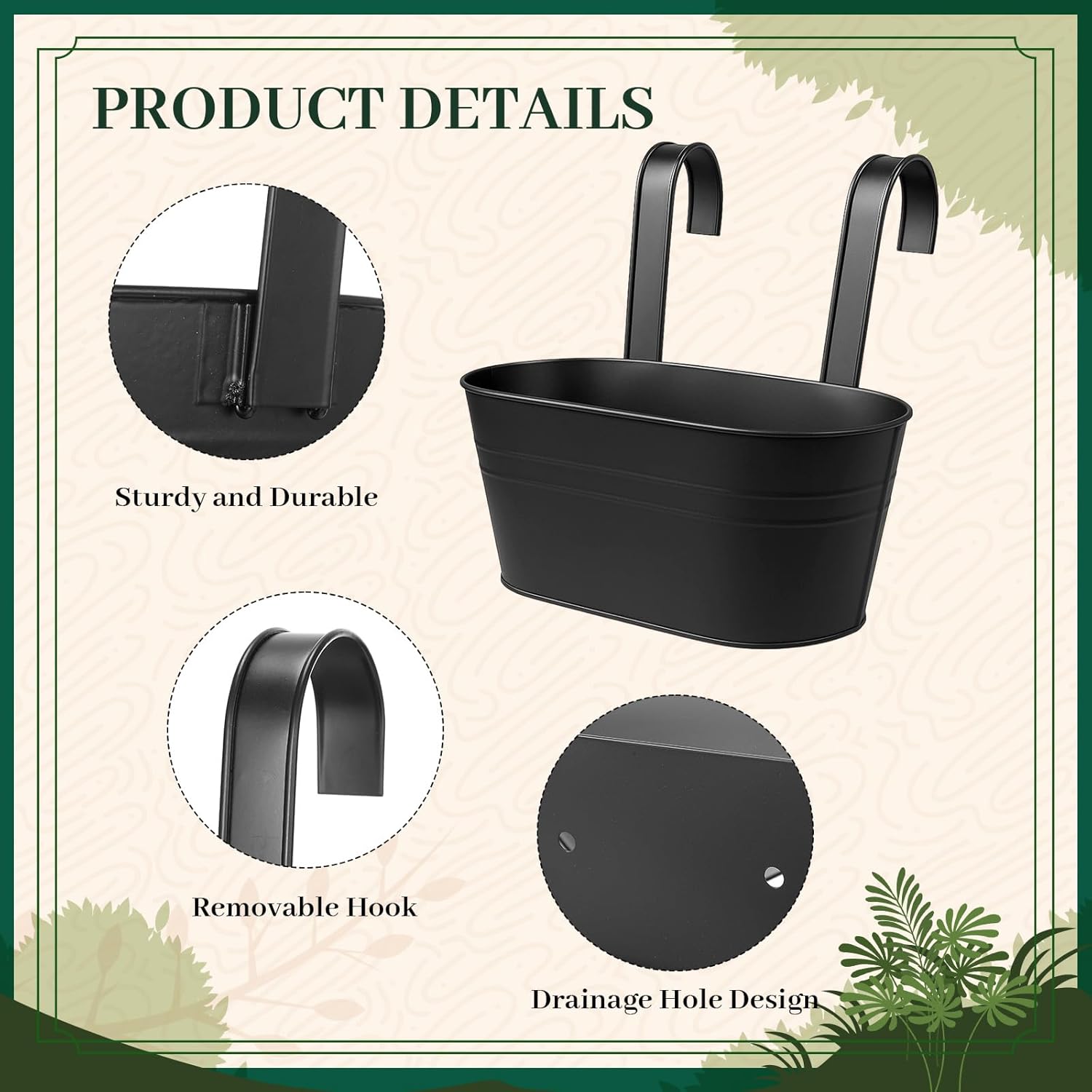 16 Pcs Hanging Flower Pots Planters for Outdoor Metal Iron Wall Flower Planter Baskets for Railing Fence Balcony Garden Yard Home Indoor Decoration with Detachable Hooks(Black)