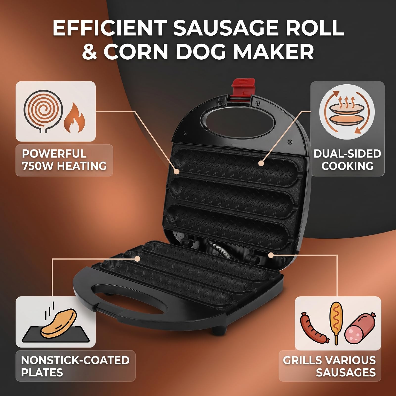 SUNGOOYUE Macchina per Rotoli di Salsicce, Macchina per Hot Dog Elettrica con Rivestimento in Pietra Maifan Antiaderente su Due Lati da 750 W per Barbecue per Colazione (Spina europea 220 V)