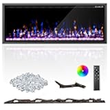 50 Inch Electric Fireplace Aluminum Frame-Ultra Silm Fireplace Recessed/Wall Mount, Log, Driftwood & Crystal Option, Wall Fireplace Electric w/Remote Control, Thermostat, Timer, 750w/1500w