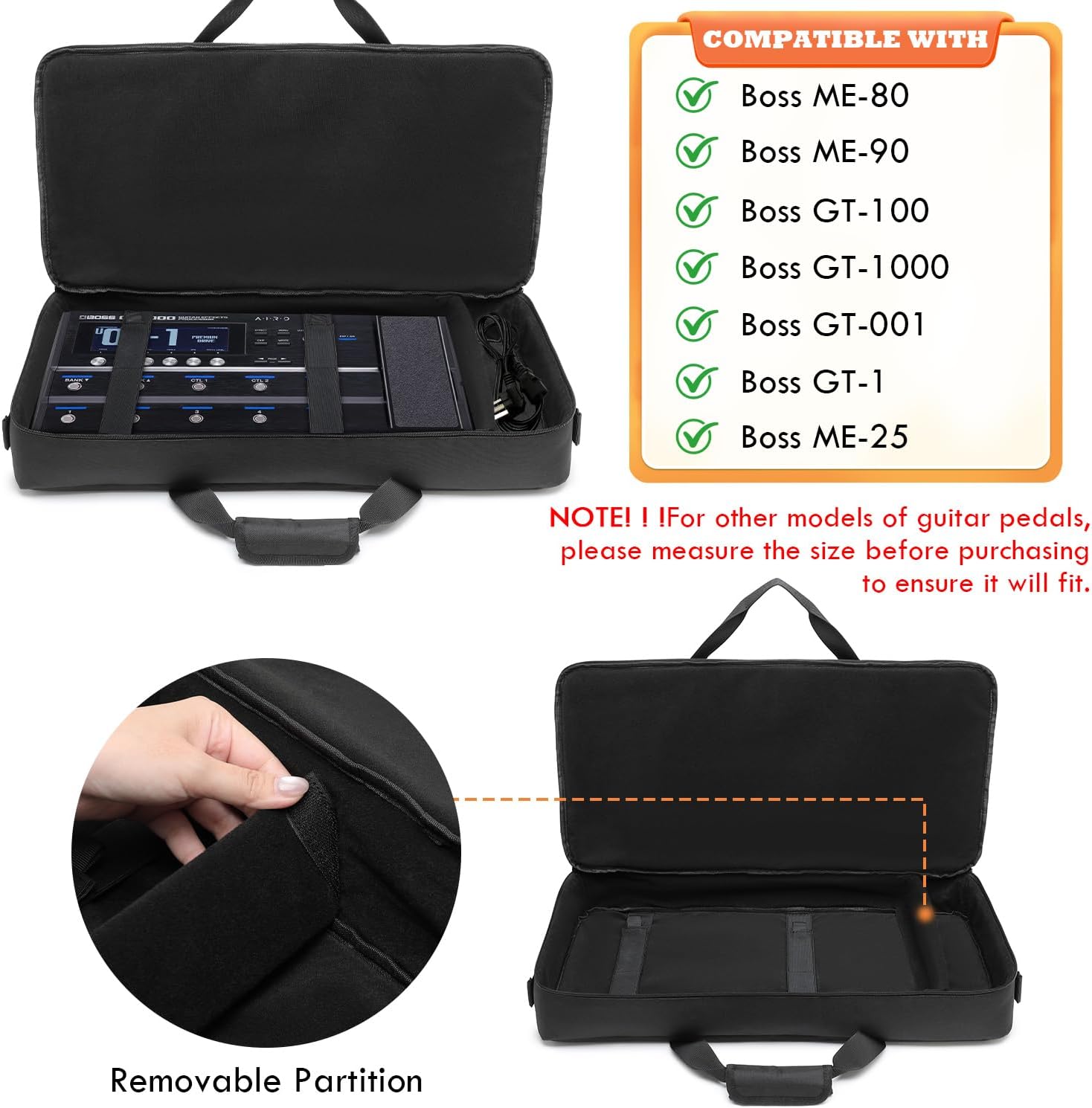 Carrying Bag Compatible with Boss ME-80 / ME-90 / GT-1000 / GX-100 Guitar Multi-effects Pedal, Guitar Pedal Board Case with Compartment for Guitar Cable or Other Accessories - Image 3