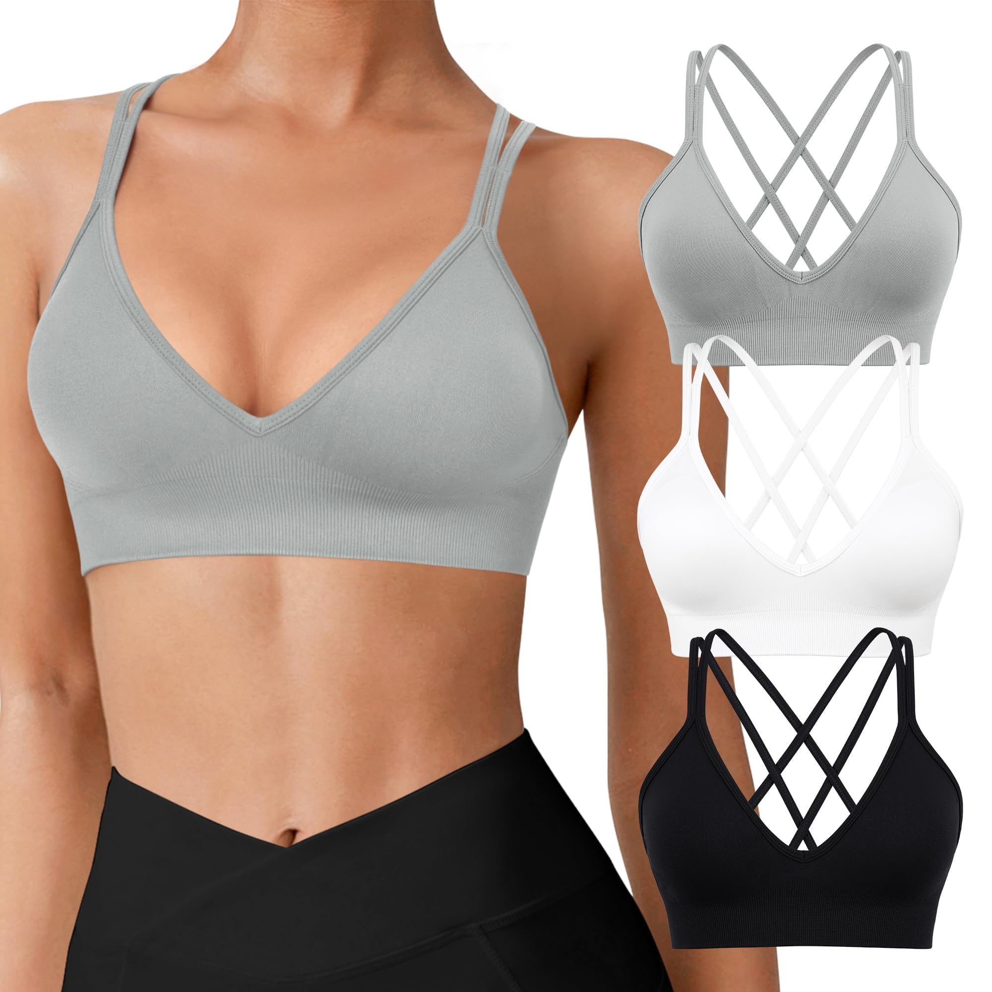 VEQING Seamless V-Neck Women Sports Bras, Padded Cross Back Wireless Low Impact Workout Yoga Bras for Small Chests, 3 Pack