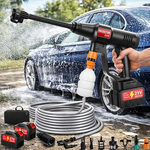 Lavadora a presión inalámbrica alimentada por batería, lavadora a presión portátil de mano de 1500 PSI con 2 baterías de 4000 mAh, boquilla 6 en 1,