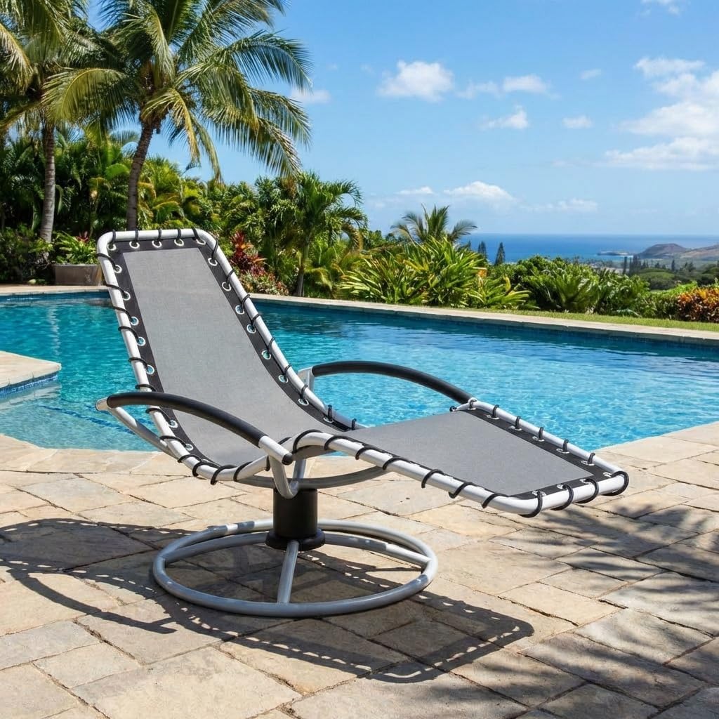 360° Swivel Patio Chaise Lounge Chair, All-Weather Iron Outdoor Lounger - High-Back Ergonomic Mesh, 330LB Capacity, UV Resistant Fade Proof, Comfortable Sunbed for Backyard