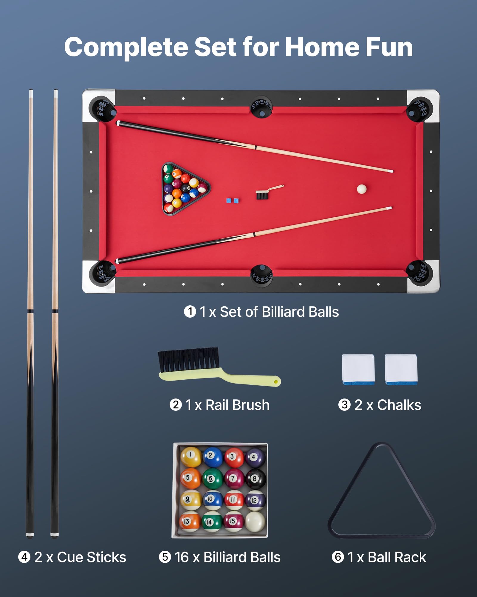 VEVOR Set Tavolo da Biliardo Pieghevole, 183 cm con Finitura in Legno, Portatile Tavolo da Gioco con Piedini Regolabili, Set Completo con Palline, Stecche, Rastrelliera, Gesso, Nero con Panno Rosso