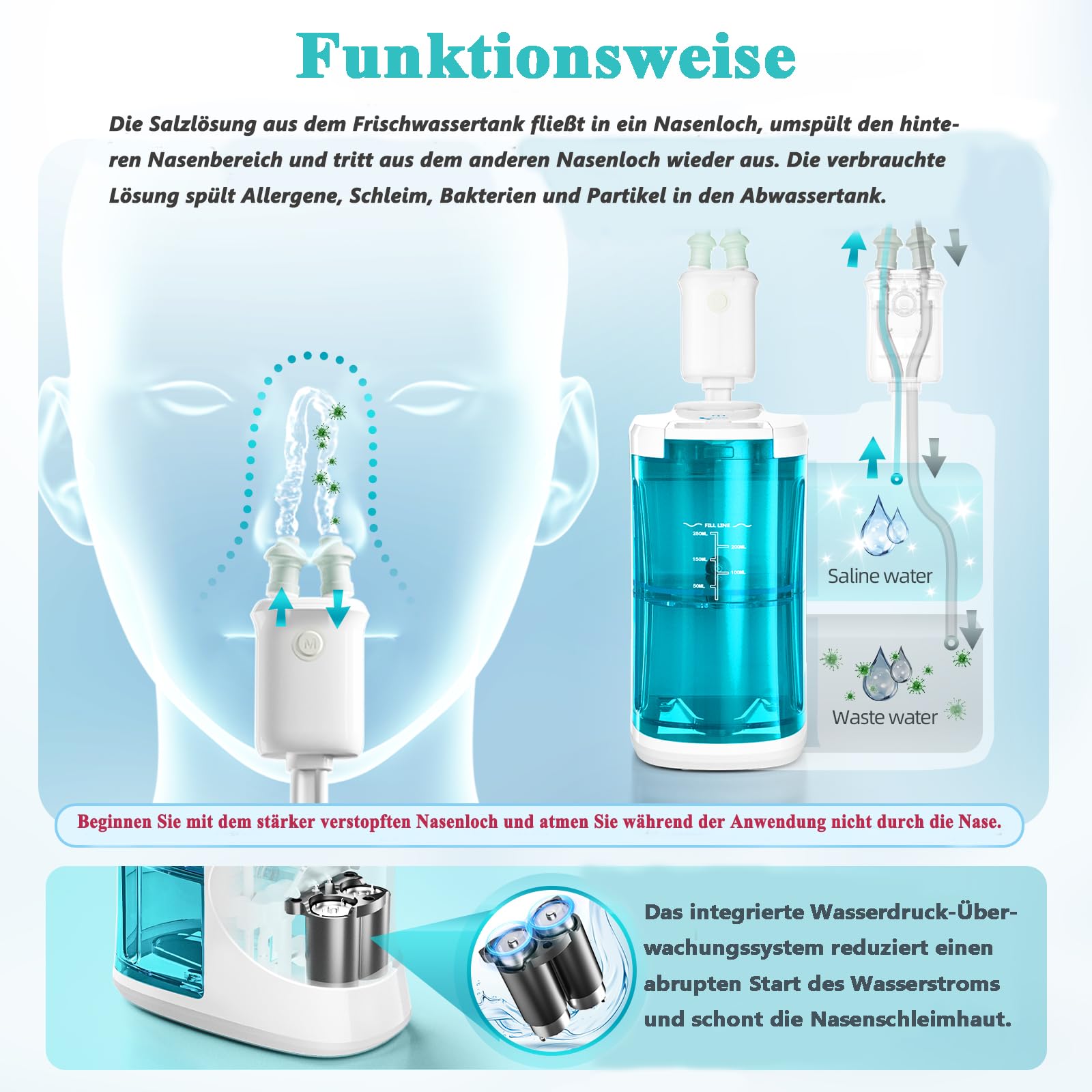 Elektrische Nasendusche Set für Erwachsene & Kinder – Nasenspülung mit Salzbeuteln, tragbar & auslaufsicher – Sanfte Reinigung bei Sinusitis, Allergien & verstopfter Nase