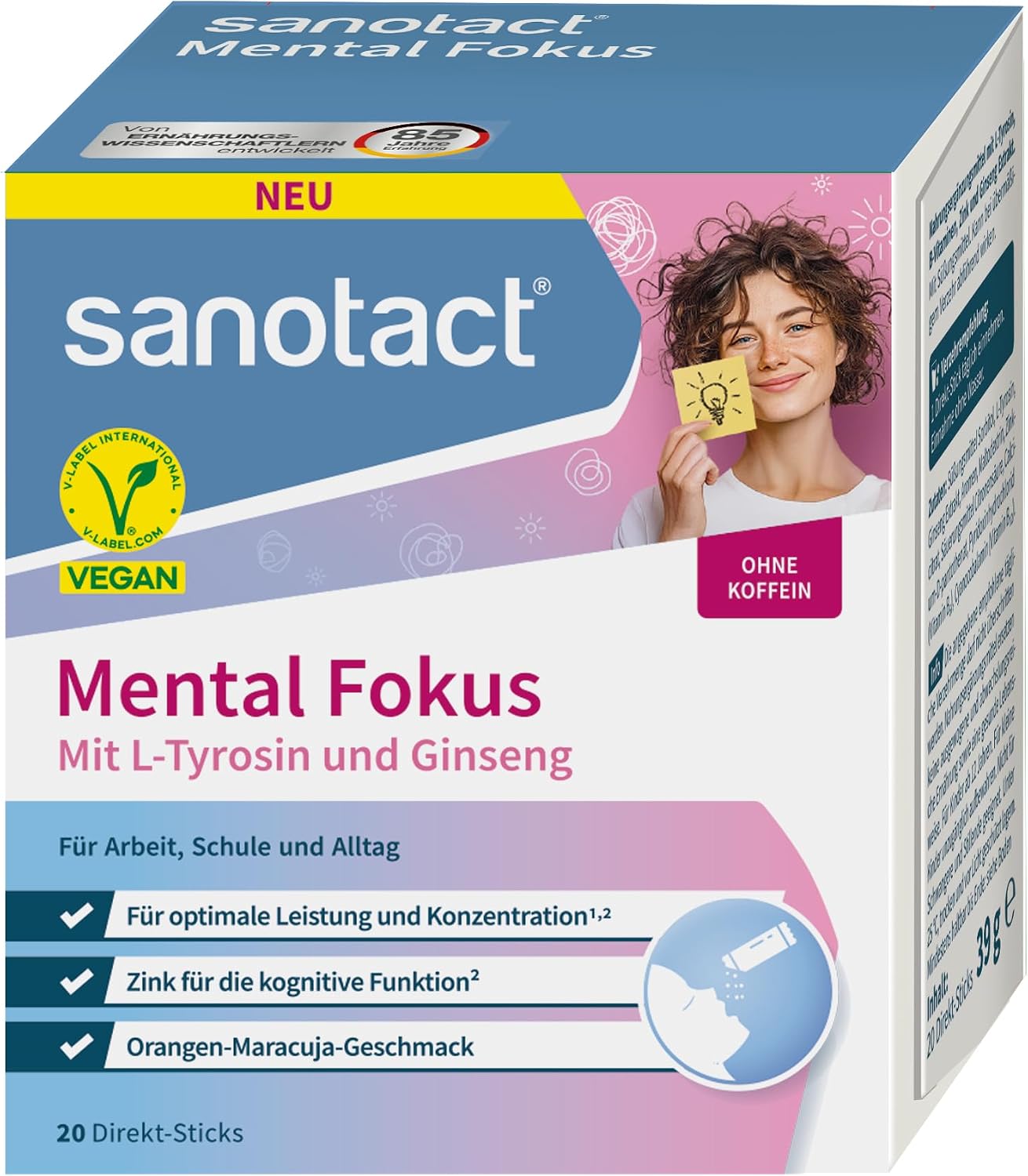 sanotact® Mental Fokus Direkt-Sticks – Mit L-Tyrosin, Ginseng &amp; Zink | B-Vitamine für Energie &amp; Konzentration | Vegan &amp; ohne Koffein | Orange-Maracuja | 20 Sticks
