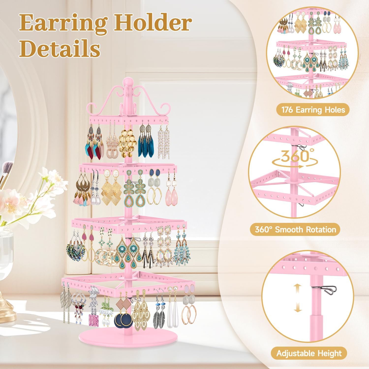 MODOWEY Rotating Earring Holder Organizer Stand Metal Display, 4 Tier Pink image 4