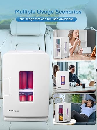 Mini Fridge 15L/21 Cans Mini Fridge for Bedroom, AC+12V DC Power Small Fridge for Car, Office, Travel | Max & ECO Mode, Thermoelectric Cooler and Warmer | for Skincare, Beauty, Drinks | White [Energy Class E]
