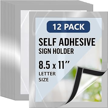 12 Pack Magnetic Sign Holder 8.5 x 11 with Adhesive Back - Silver Magnetics Poster Frame & Magnetic Paper Holder - Reusable Adhesive Frames 8.5x11 - Magnet Frame for Wall Windows - Magnet Document Holders