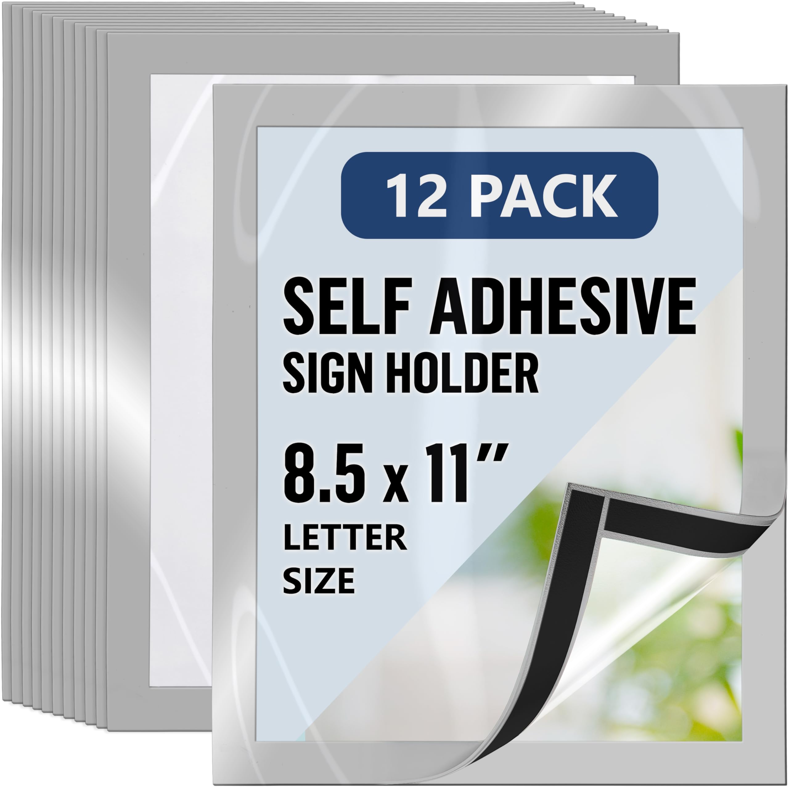 12 Pack Magnetic Sign Holder 8.5 x 11 with Adhesive Back - Silver Magnetics Poster Frame & Magnetic Paper Holder - Reusable Adhesive Frames 8.5x11 -