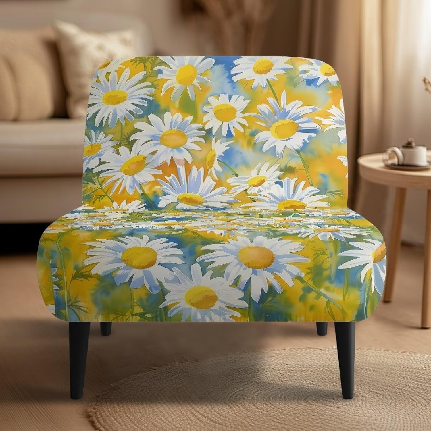 Daisy Flower Print Armless Sofa Chair Cover, Anti-Wrinkle Armless Chair Cover Decoration Washable Chair Cover Furniture Protector for Banquets, Restaurant, Office
